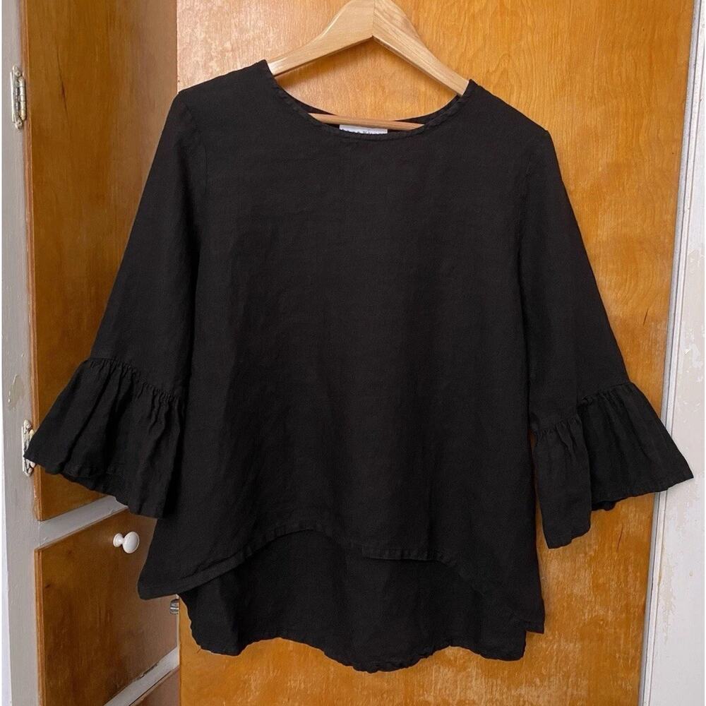 Bryn Walker Fran Black Linen Bell Sleeve Top Relaxed Trapeze Boho Lagenlook Sz S